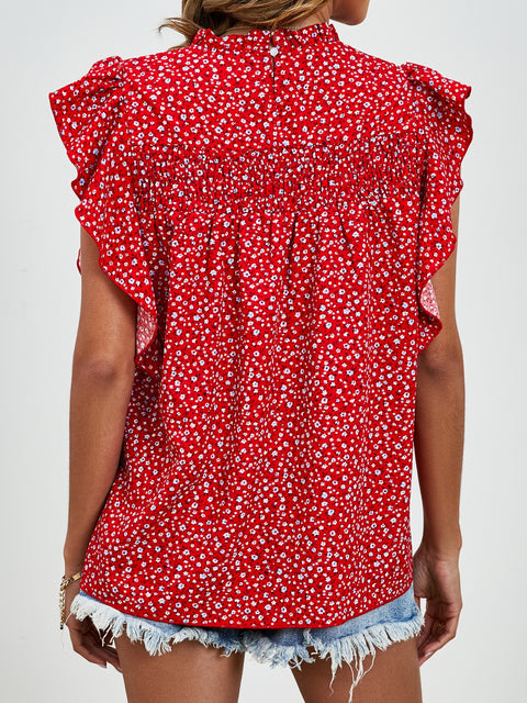 Ruffled Ditsy Floral Mock Neck Cap Sleeve Blouse Trendsi