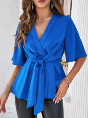 Surplice Tie Waist Half Sleeve Blouse Trendsi