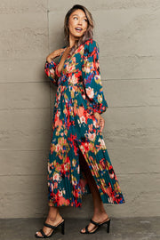 Printed Deep V Slit Pleated Dress Trendsi