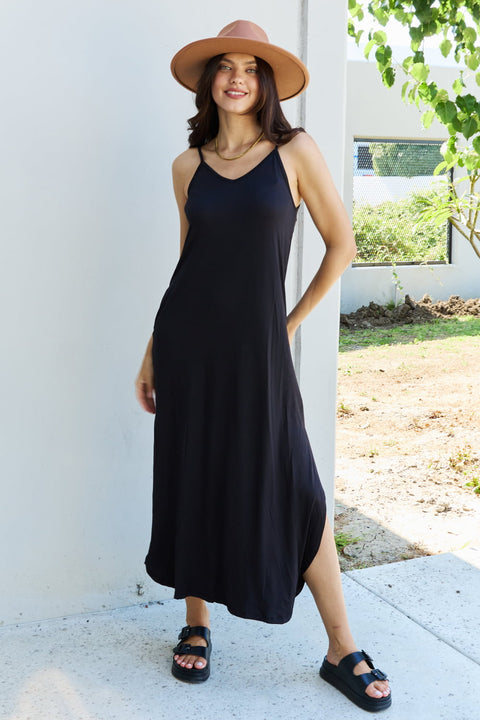 Ninexis Good Energy Full Size Cami Side Slit Maxi Dress in Black Trendsi