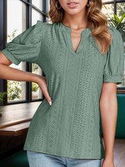 Eyelet Notched Short Sleeve Blouse Trendsi