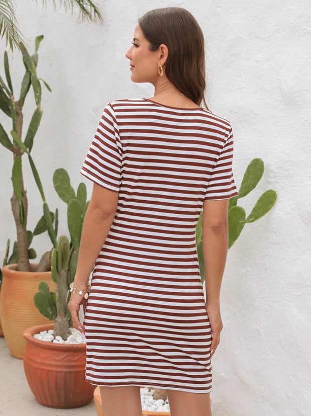 Cutout Striped Round Neck Short Sleeve Dress Trendsi