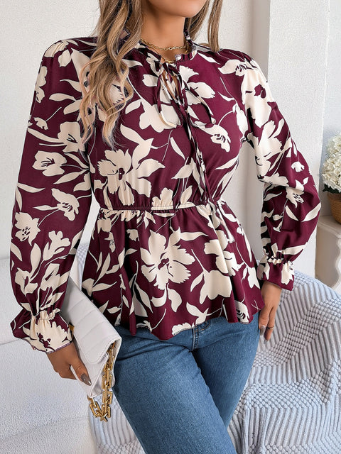 Printed Tie Neck Flounce Sleeve Blouse Trendsi