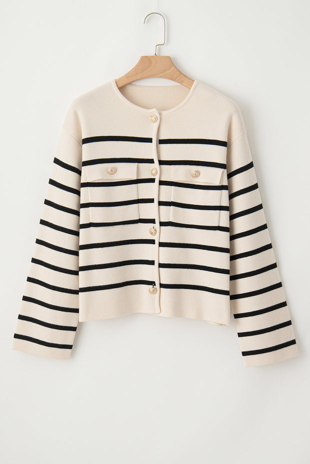 Striped Button Up Round Neck Cardigan Trendsi