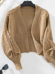 Cable-Knit Tied Open Front Lantern Sleeve Cardigan Trendsi