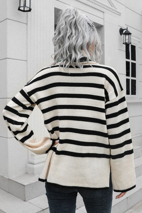 Striped Turtleneck Drop Shoulder Sweater Trendsi