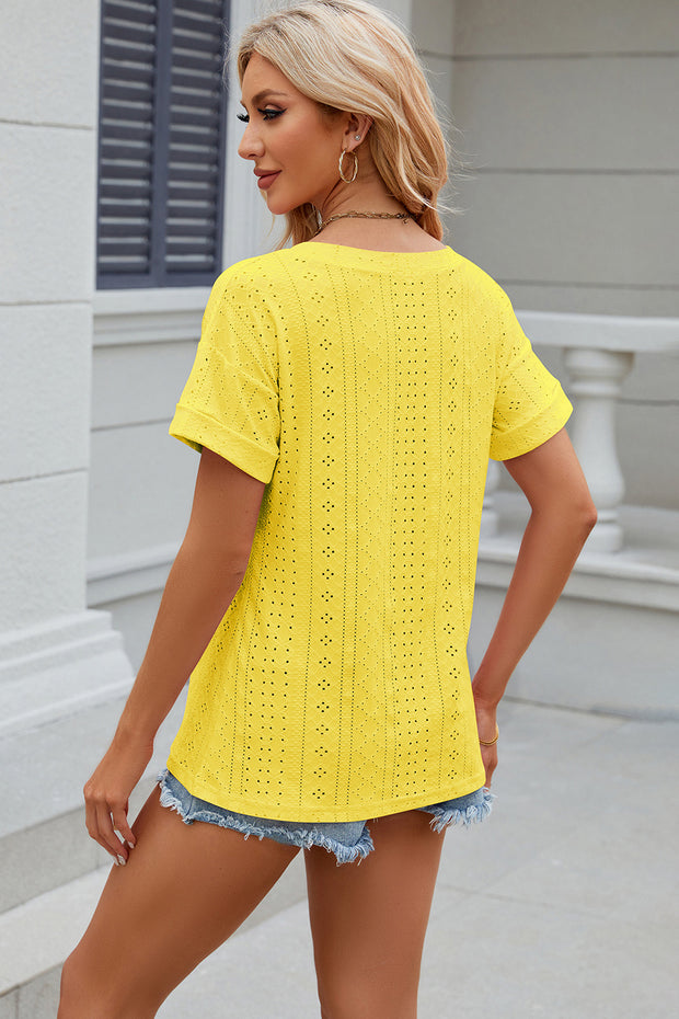 Eyelet V-Neck Short Sleeve T-Shirt Trendsi