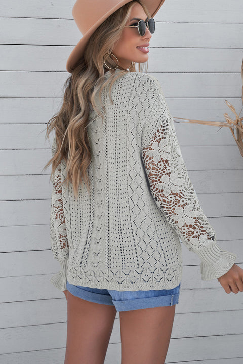 Openwork Lantern Sleeve Dropped Shoulder Sweater Trendsi