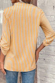 Striped Notched Roll-Tab Sleeve Shirt Trendsi