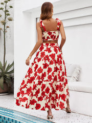 Floral Tie Shoulder Top and Tiered Maxi Skirt Set Trendsi