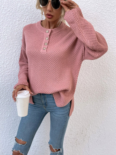 Quarter-Button Slit Sweater Trendsi