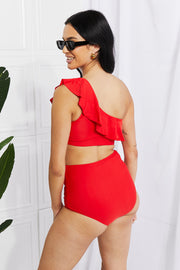 Marina West Swim Seaside One Piece Romance Ruffle One-Shoulder Bikini in Red Trendsi