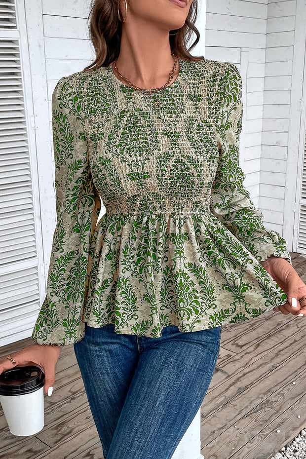 Smocked Printed Balloon Sleeve Blouse Trendsi