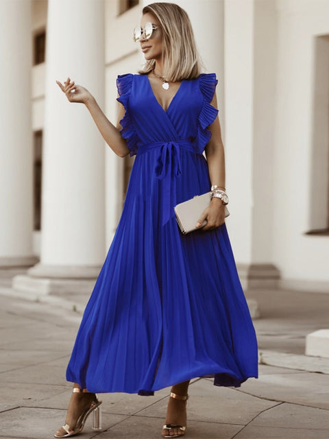 Tied Surplice Cap Sleeve Pleated Dress Trendsi