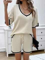 Contrast Trim V-Neck Top and Shorts Set Trendsi