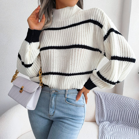 Striped Mock Neck Dropped Shoulder Sweater Trendsi