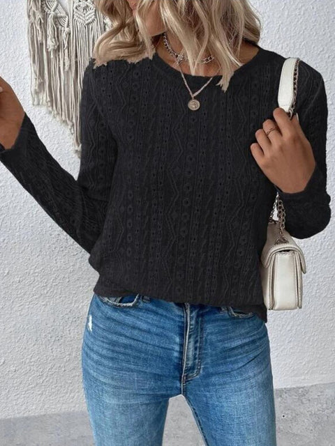 Eyelet Round Neck Long Sleeve Blouse Trendsi