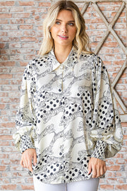 First Love Tiger Print Collared Neck Long Sleeve Satin Shirt Trendsi