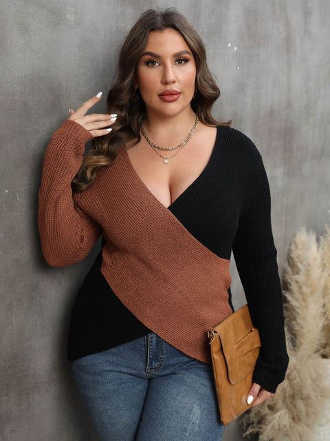 Plus Size Two-Tone Surplice Neck Sweater Trendsi