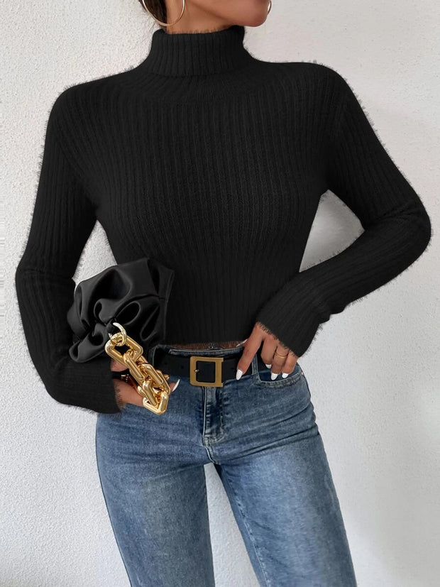 Ribbed Turtleneck Long Sleeve Sweater Trendsi