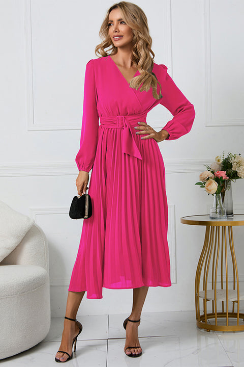 V-Neck Long Sleeve Tie Waist Midi Dress Trendsi