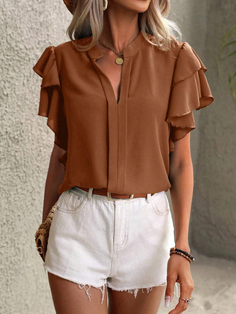 Ruffled Notched Short Sleeve Blouse Trendsi