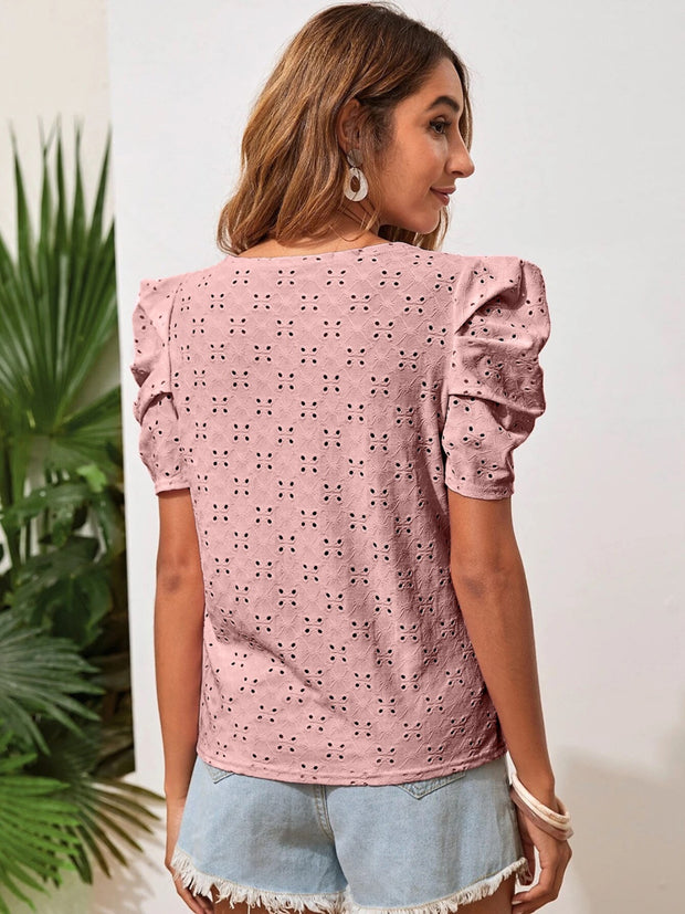 Eyelet Round Neck Puff Sleeve Blouse