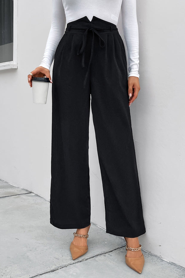 High Waist Ruched Tie Front Wide Leg Pants Trendsi