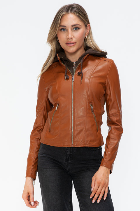 Snobbish Faux Leather Zip Up Drawstring Hooded Jacket Trendsi