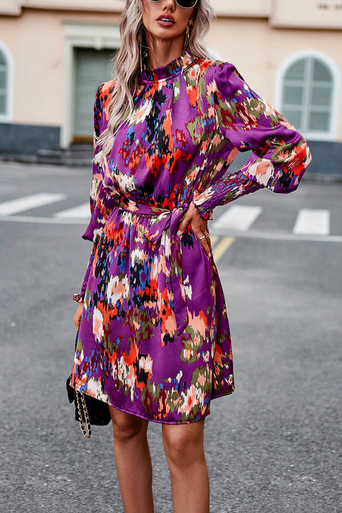 Printed Tie Waist Mock Neck Lantern Sleeve Dress Trendsi