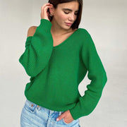 V-Neck Dropped Shoulder Long Sleeve Sweater Trendsi