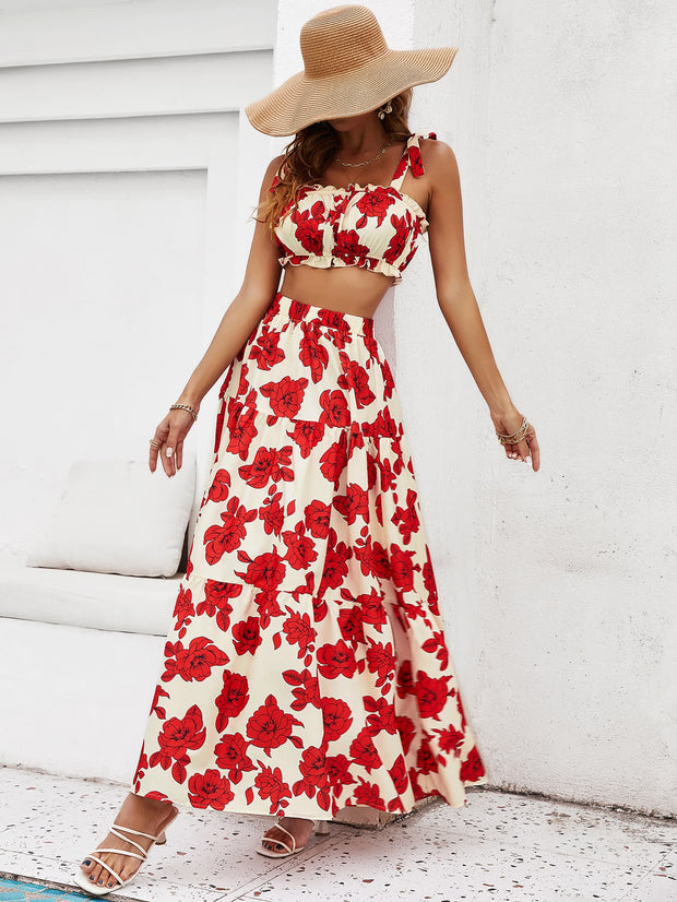 Floral Tie Shoulder Top and Tiered Maxi Skirt Set Trendsi