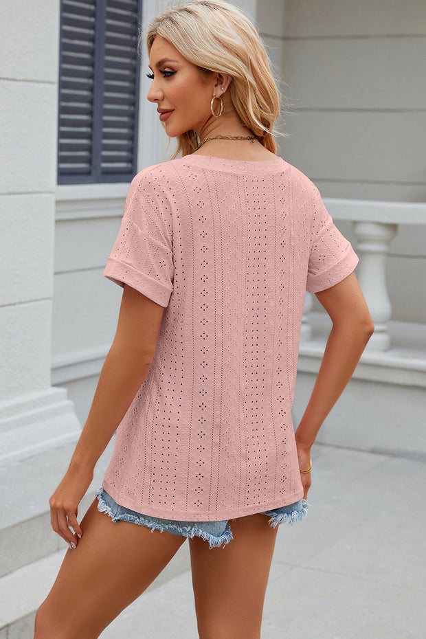 Eyelet V-Neck Short Sleeve T-Shirt Trendsi