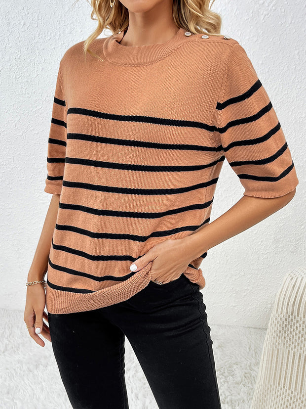 Striped Round Neck Half Sleeve Knit Top Trendsi