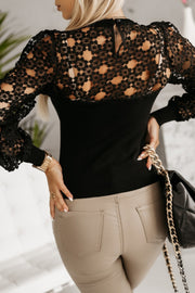 Hollowed Floral Lace Spliced Long Sleeve Blouse Trendsi