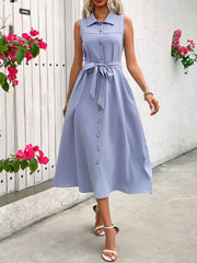 Collared Neck Sleeveless Dress Trendsi