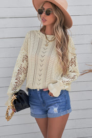 Openwork Lantern Sleeve Dropped Shoulder Sweater Trendsi