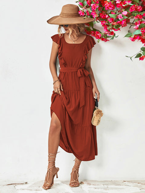 Tie Belt Ruffled Tiered Dress Trendsi