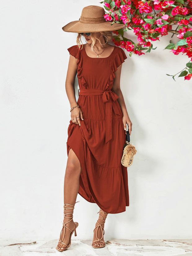 Tie Belt Ruffled Tiered Dress