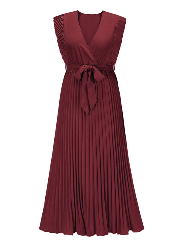 Tied Surplice Cap Sleeve Pleated Dress Trendsi