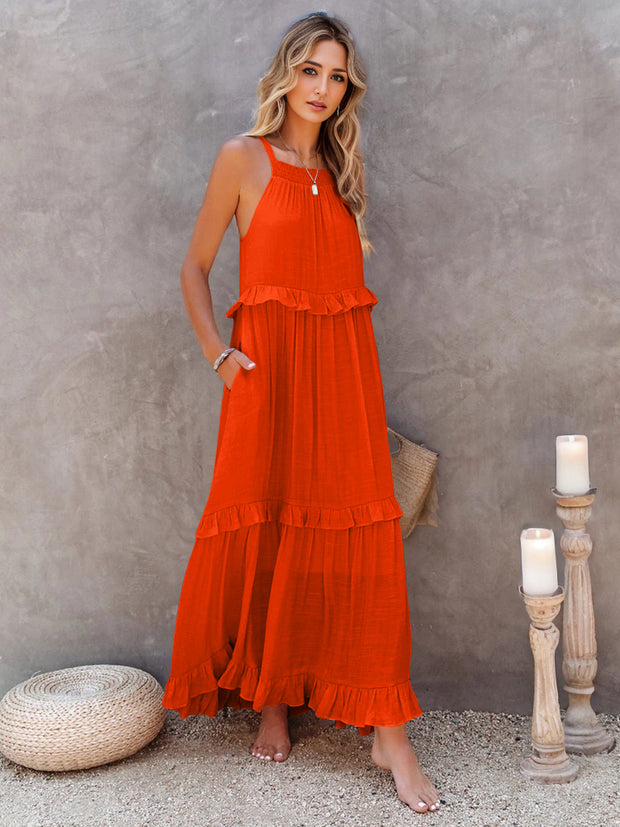 Ruffled Sleeveless Tiered Maxi Dress with Pockets Trendsi