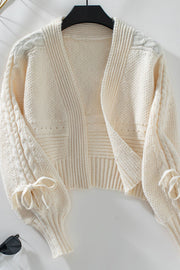 Cable-Knit Tied Open Front Lantern Sleeve Cardigan Trendsi