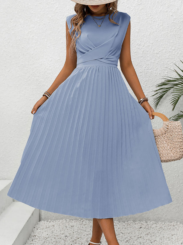 Pleated Round Neck Cap Sleeve Dress Trendsi