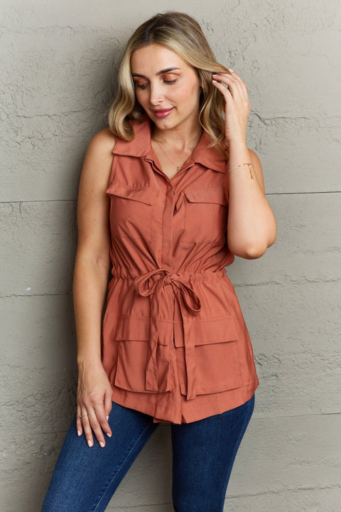 Ninexis Follow The Light Sleeveless Collared Button Down Top Trendsi