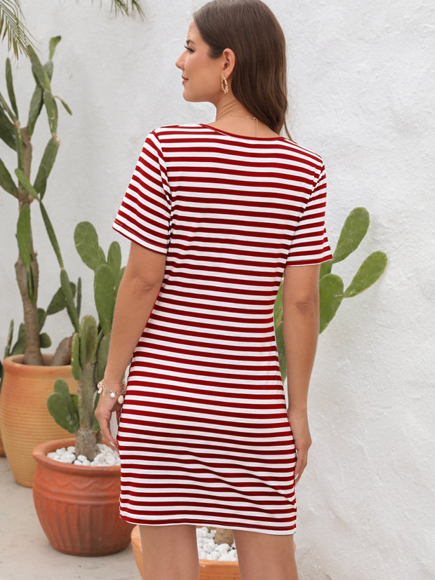 Cutout Striped Round Neck Short Sleeve Dress Trendsi