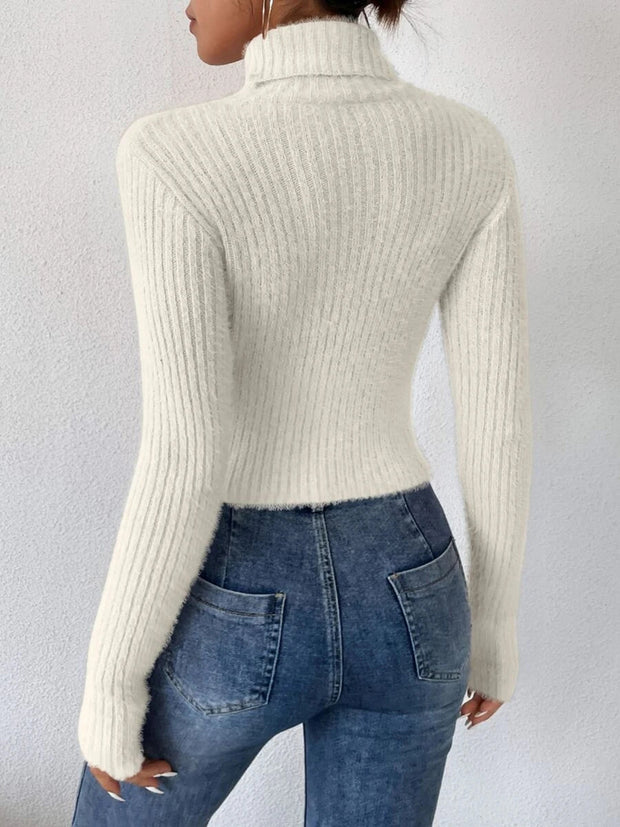 Ribbed Turtleneck Long Sleeve Sweater Trendsi