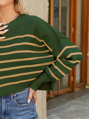 Round Neck Striped Lantern Sleeve Sweater Trendsi