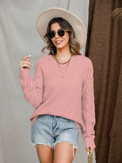 Openwork Round Neck Raglan Sleeve Sweater Trendsi