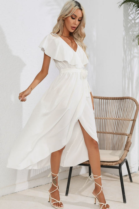 Ruffled Tied V-Neck Midi Dress Trendsi