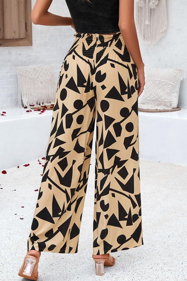 Smocked Printed Wide Leg Pants with Pockets